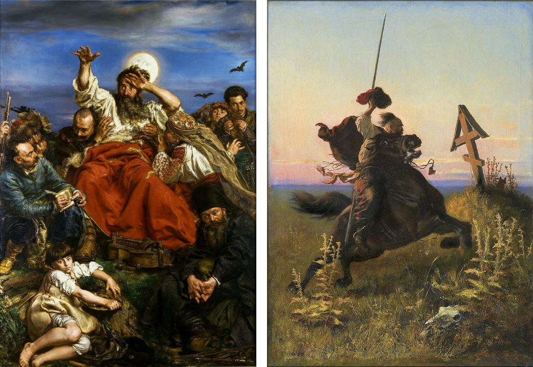 obrazy: „Wernyhora”, Jan Matejko i „Kozak w stepie”, Alfons Dunin-Borkowski, Wikipedia