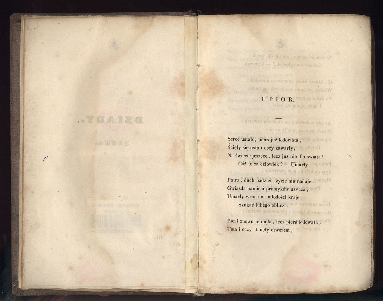 3 początkowe zwrotki utworu "Upiór" autorstwa Adama Mickiewicza, wydanie z 1829 roku