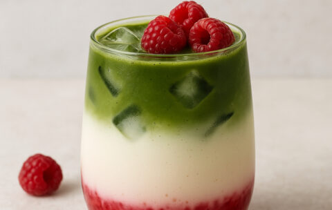 Malinowa matcha latte na zimno: przepis na kolorowy napój