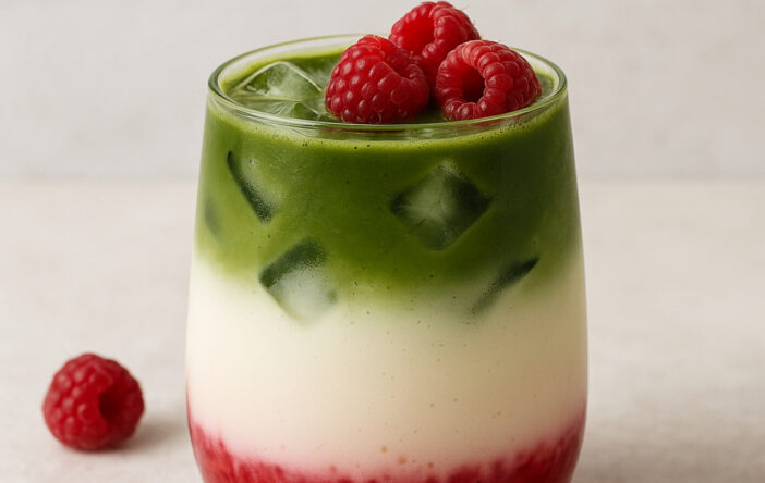 Malinowa matcha latte na zimno: przepis na kolorowy napój