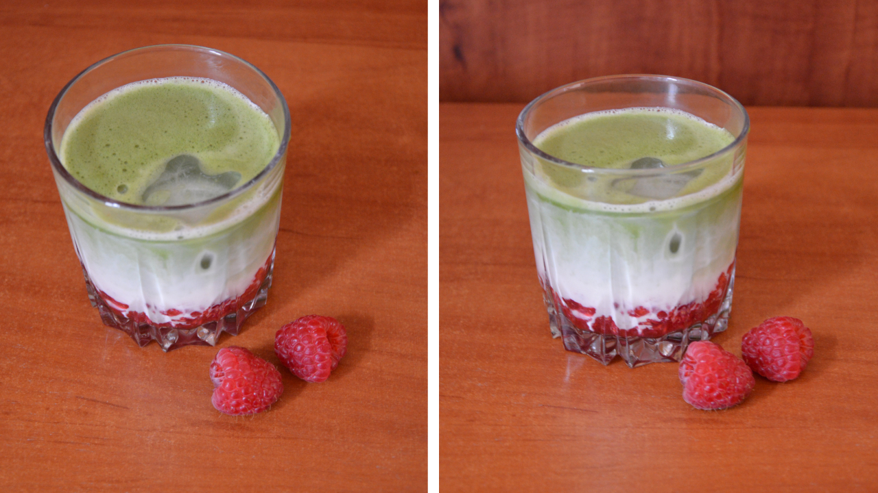 Malinowa matcha latte na zimno: przepis na kolorowy napój 4 Matcha z malinami na zimno