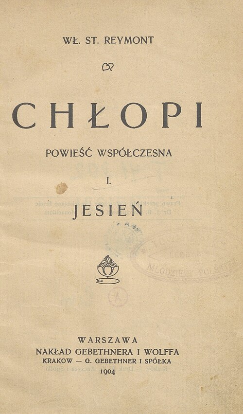 Strona tytułowa pierwszego wydania „Chłopów” z 1904 roku, Wikipedia